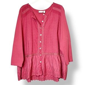 LOGO Lavish Lori Goldstein‎ Button Front Top Large eyelet peplum tunic coral